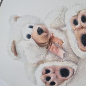 Maltese dog with a plush bear drawing