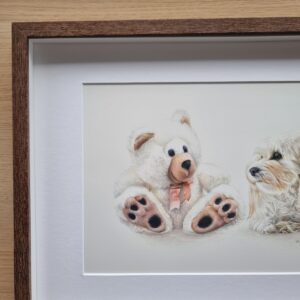 Maltese dog with a plush bear drawing