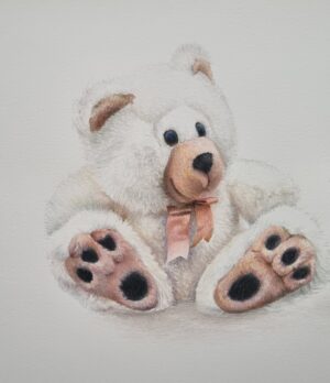 Maltese dog with a plush bear drawing