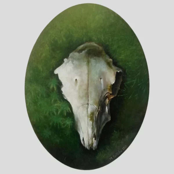 Painting of a moose skull in a moss and grass