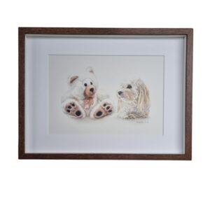 Maltese dog with a plush bear drawing