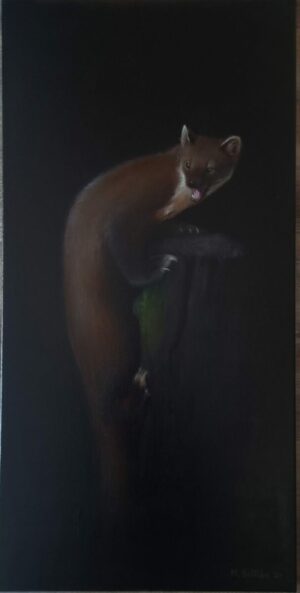 Pine marten on a wood stump painting