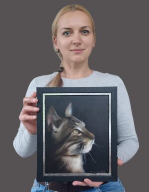Artist holding the cat portrait oil painting