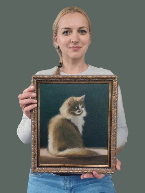 Artist holding the cat portrait oil painting