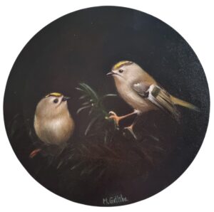 Two goldcrests in a spruce painting