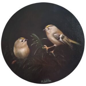 Two goldcrests in a spruce painting