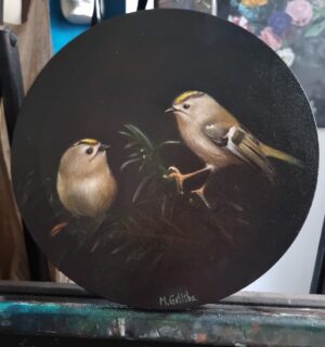 Two goldcrests in a spruce painting